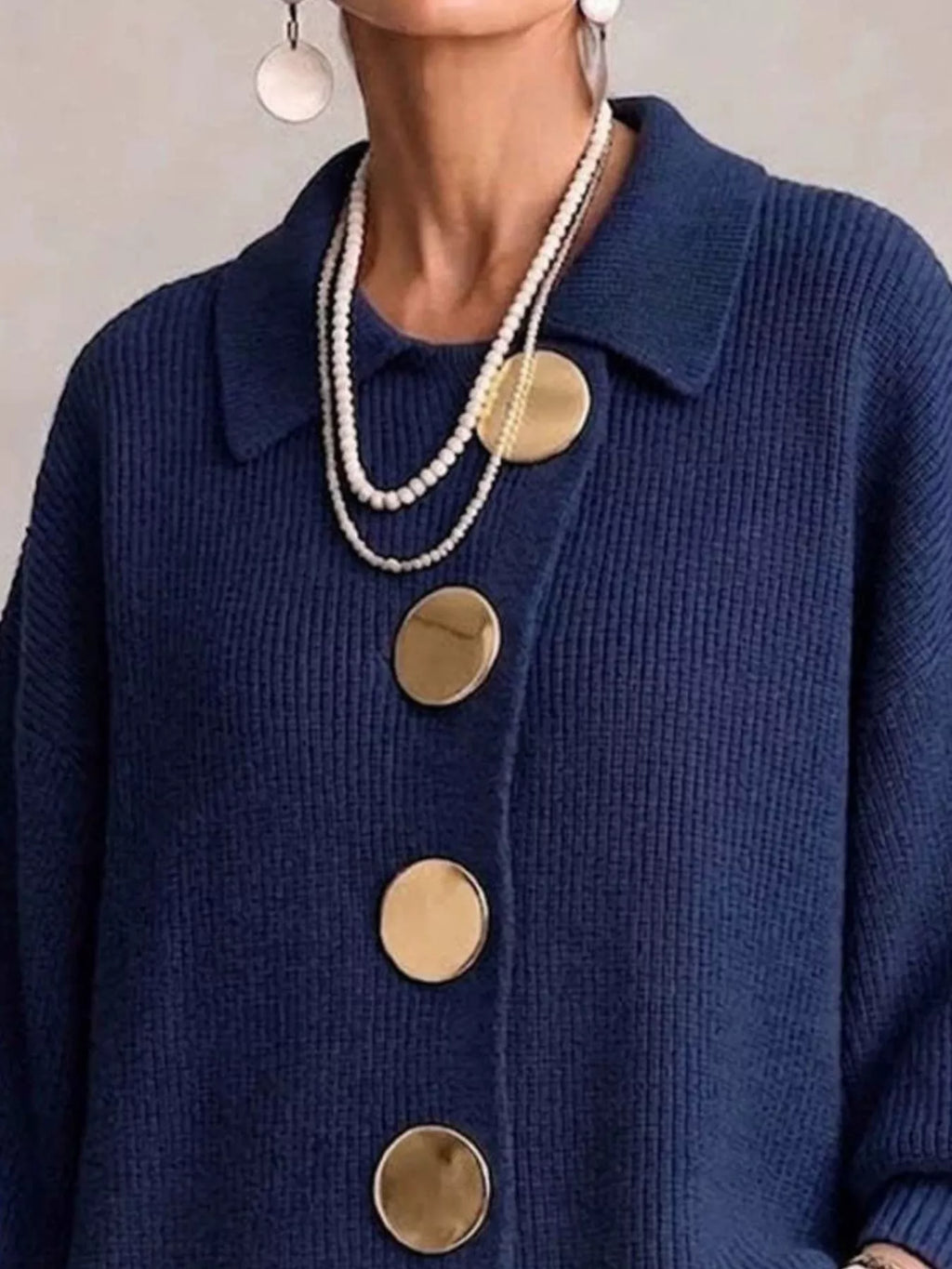 Full Size Gold Buttons Lantern Sleeve Cardigan Plus Size - Lilixa.store