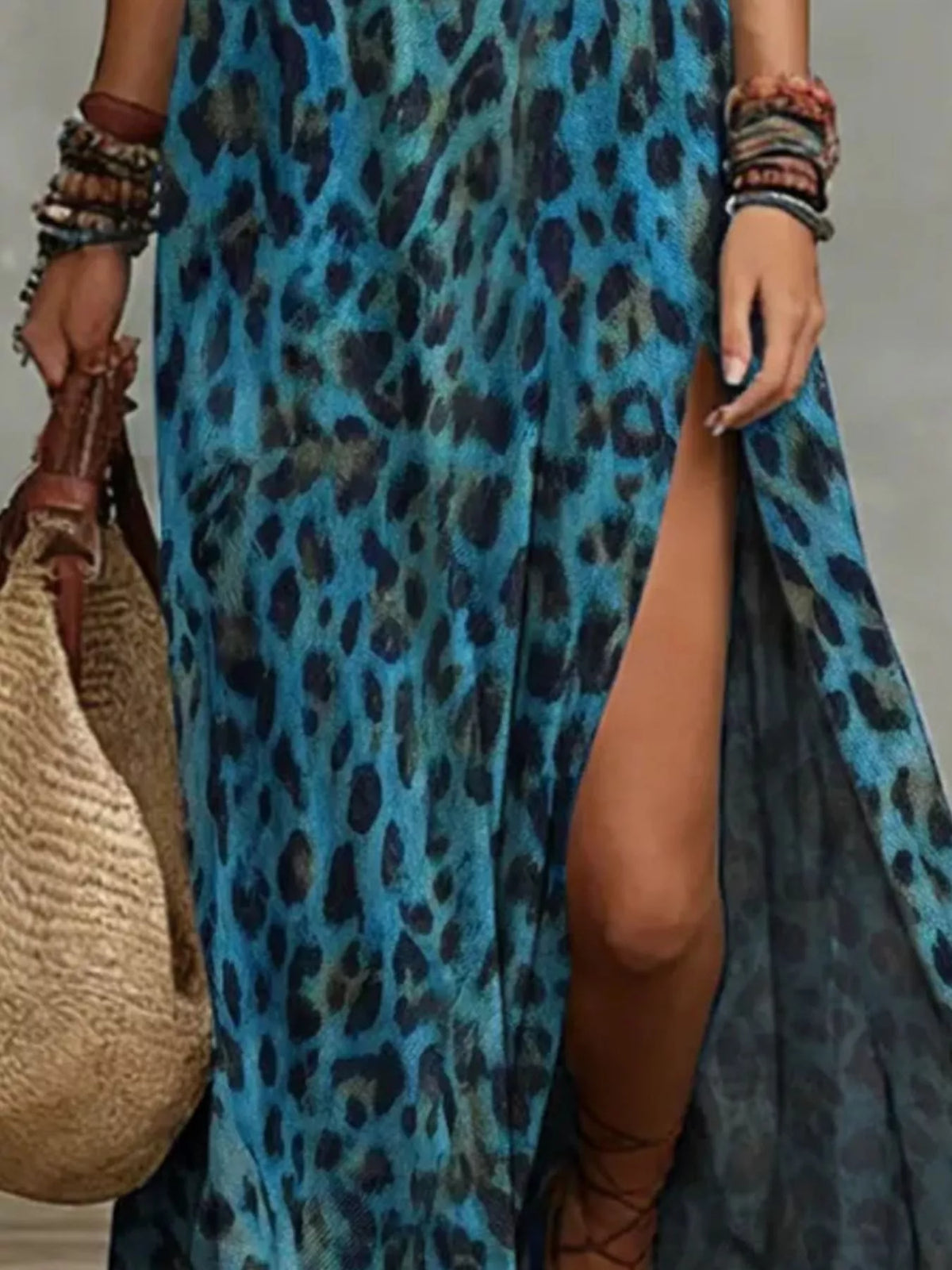 Leopard Print Sleeveless Maxi Dress with Side Slit