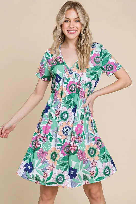 BOMBOM Ruched Floral V-Neck Short Sleeve Dress - Lilixa.store