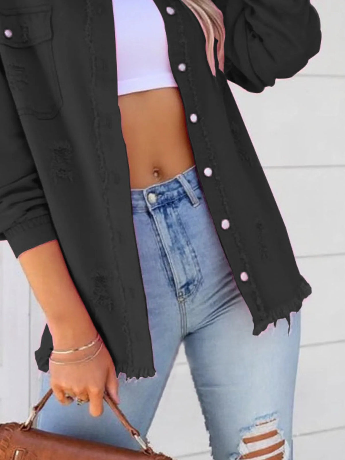 Distressed Denim Jacket with Frayed Edges - Lilixa.store