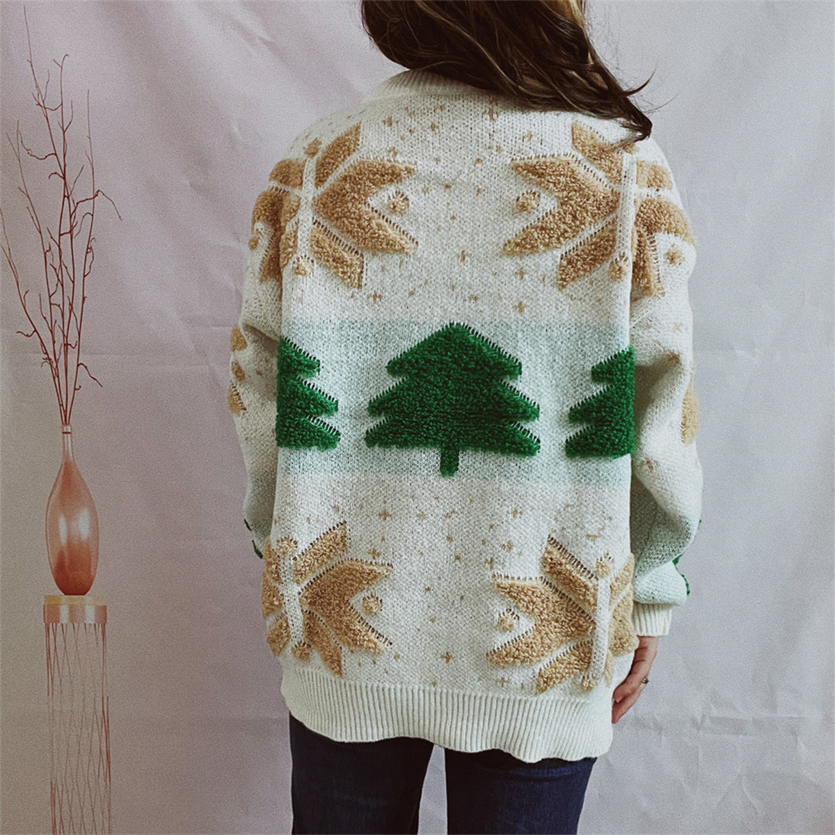 Snowflake Round Neck Long Sleeve Sweater, view 4