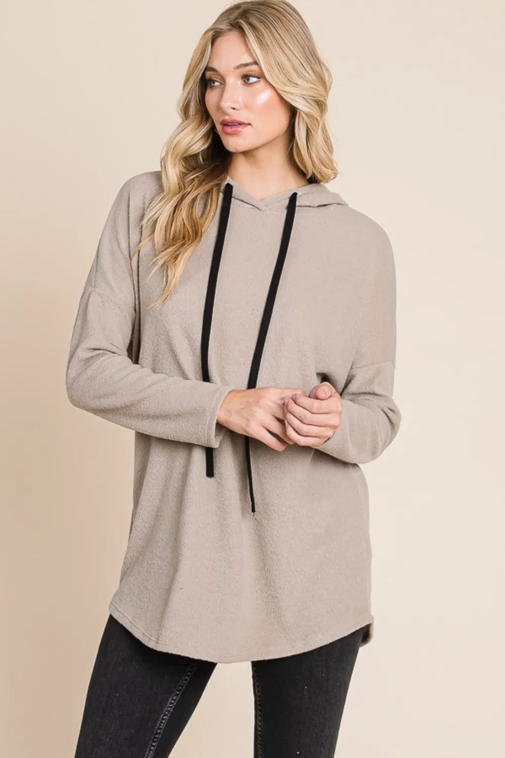 BOMBOM Contrast Drawstring Drop Shoulder Knit Hoodie - Lilixa.store