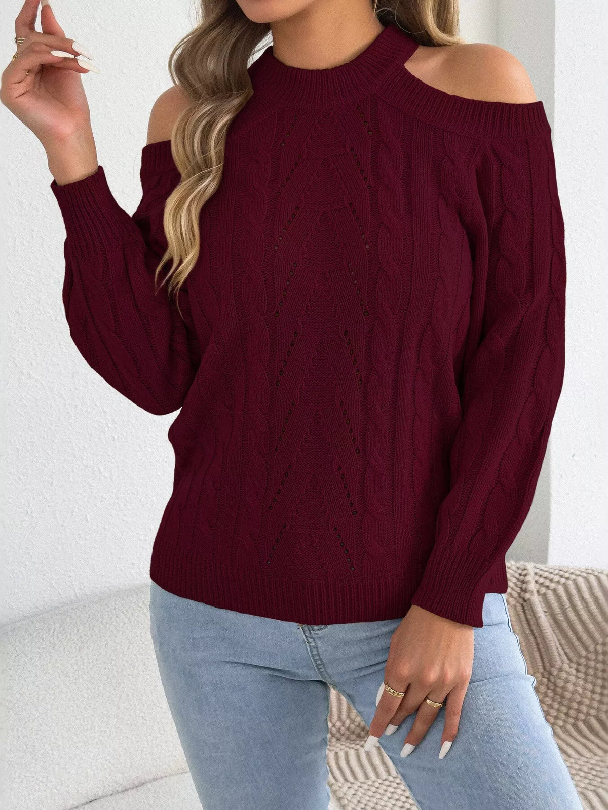 Cold Shoulder Cable Knit Sweater - Lilixa.store