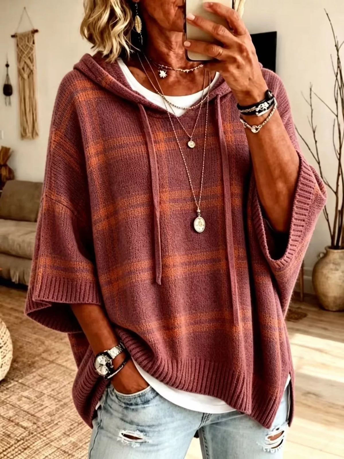 Plaid Hooded Knit Sweater in Red