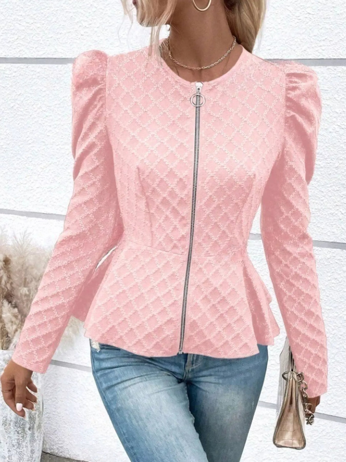 Puff Sleeve Textured Jacquard Jacket, view 6