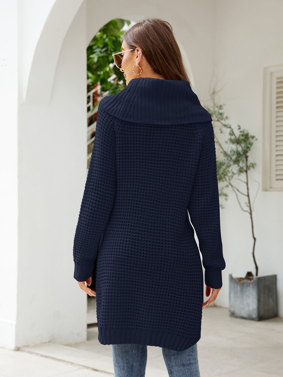 Turtleneck Waffle-Knit Slit Sweater Dress, view 4