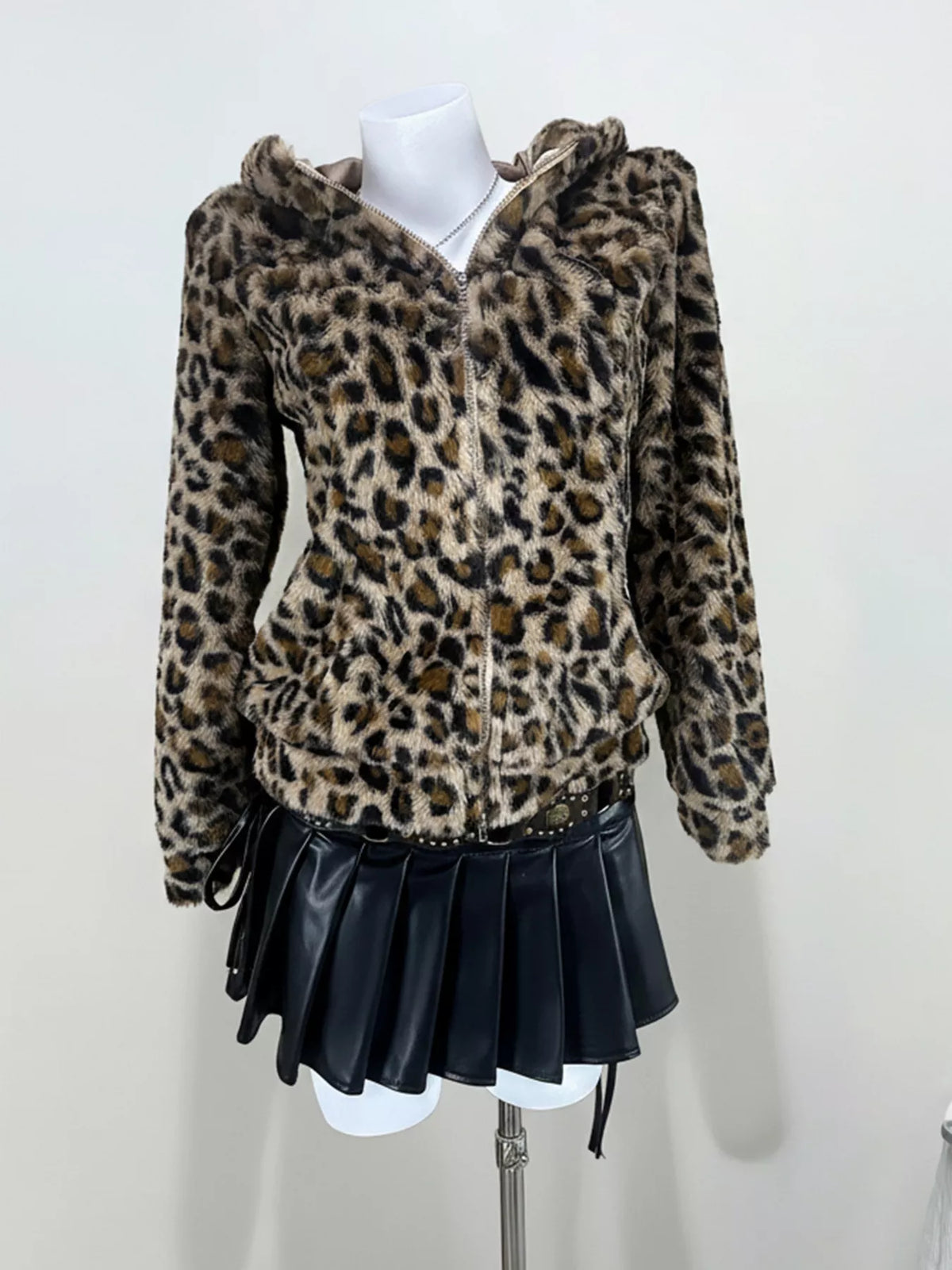 Leopard Plush Zip-Up Hooded Outerwear in Brown, view 2