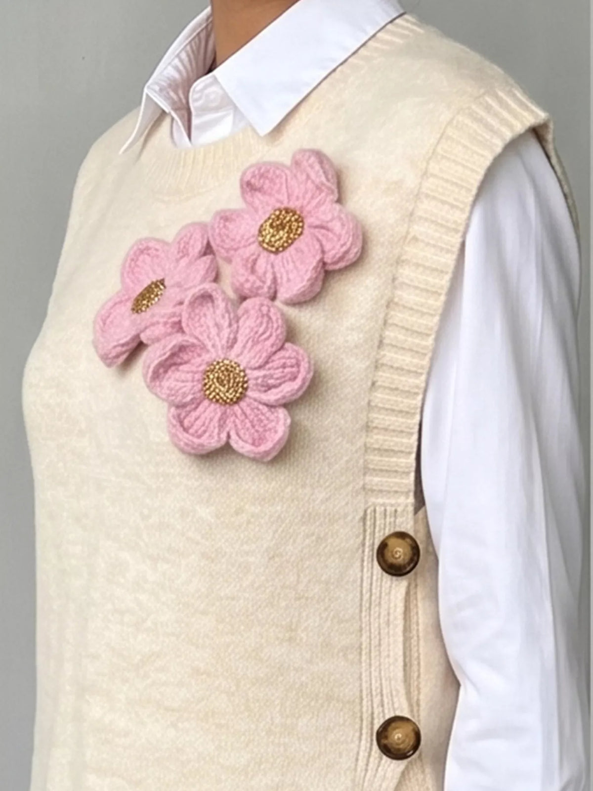 Side Button Sweater Vest with 3D Floral Appliques, view 7
