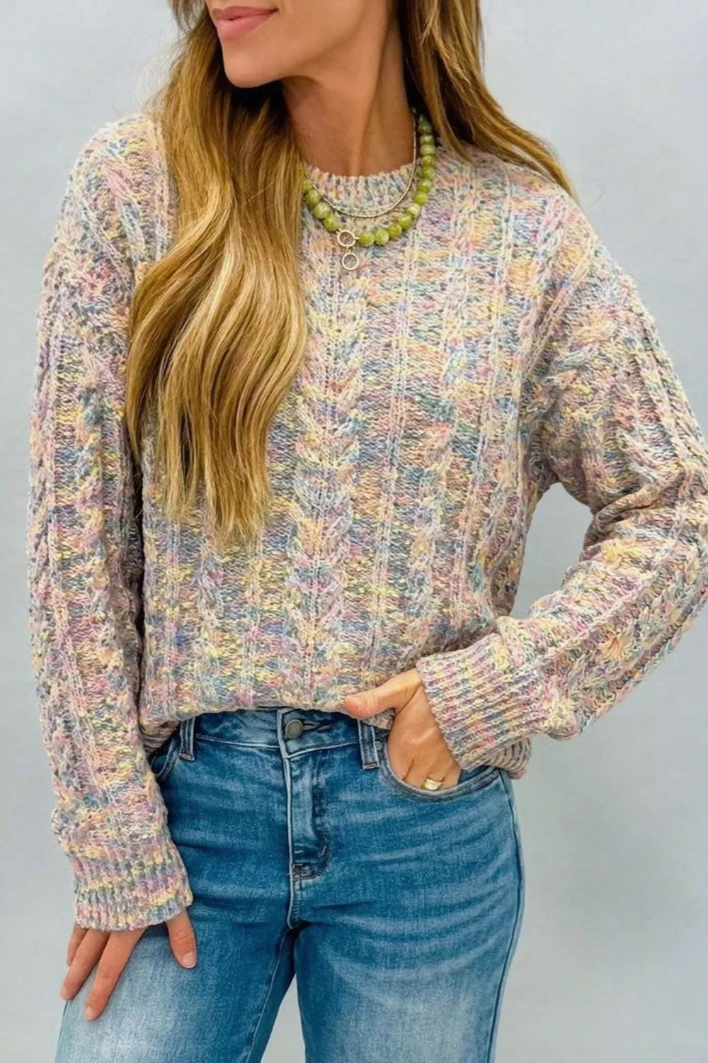 Multicolor Cable Knit Dropped Shoulder Sweater - Lilixa.store
