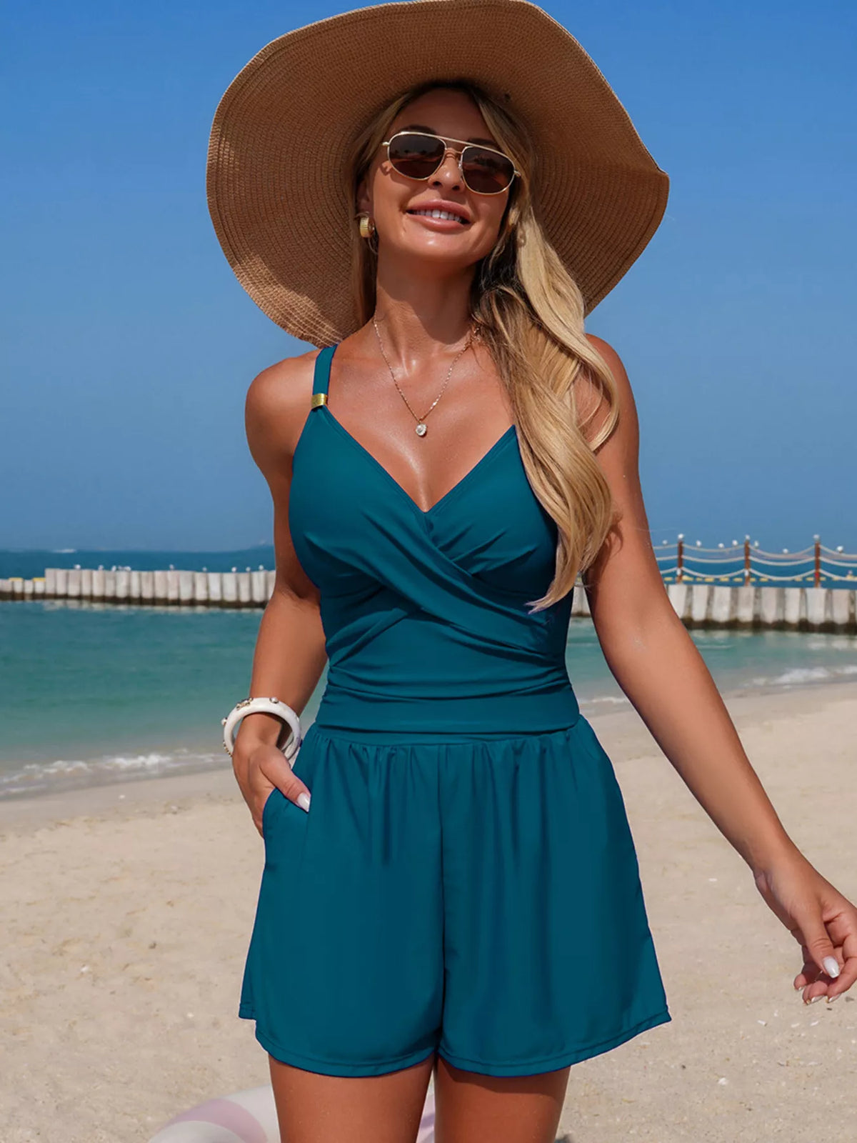V-Neck Spaghetti Strap One-Piece Swimsuit - Lilixa.store