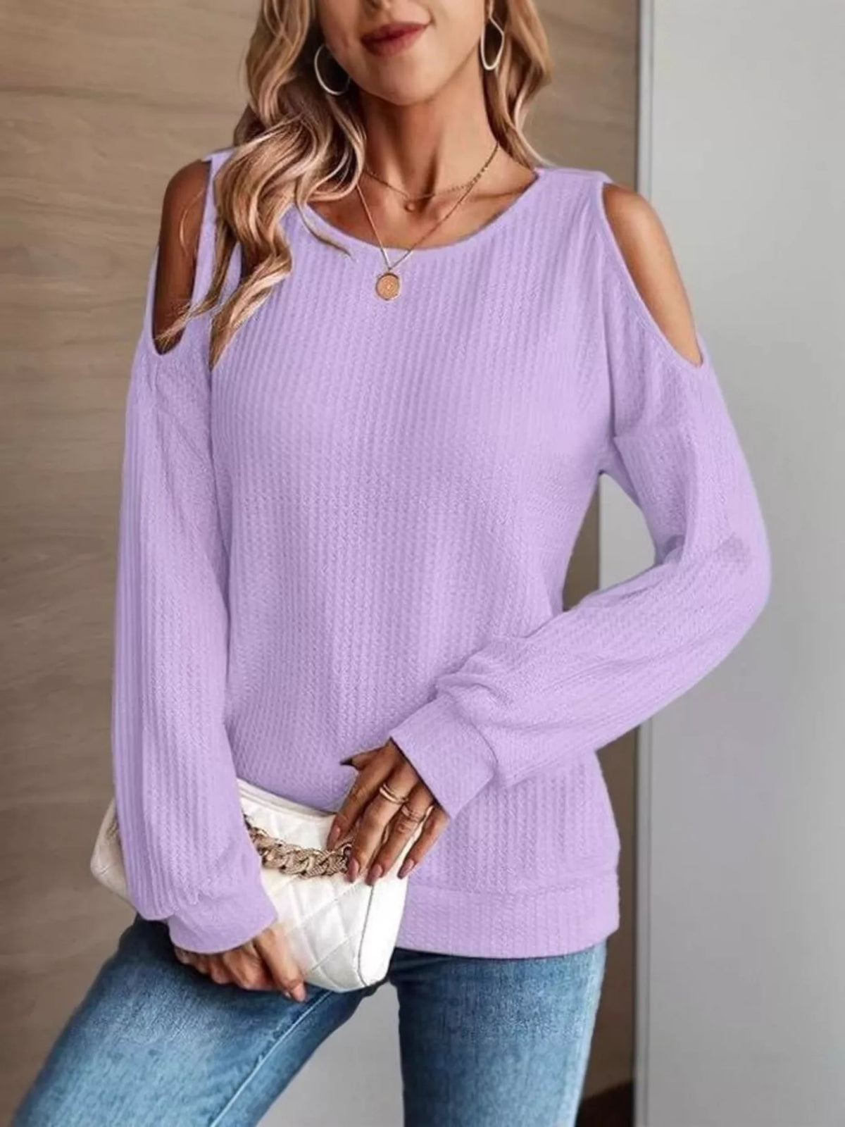 Solid Color Cold Shoulder Long Sleeve T-Shirt - Lilixa.store