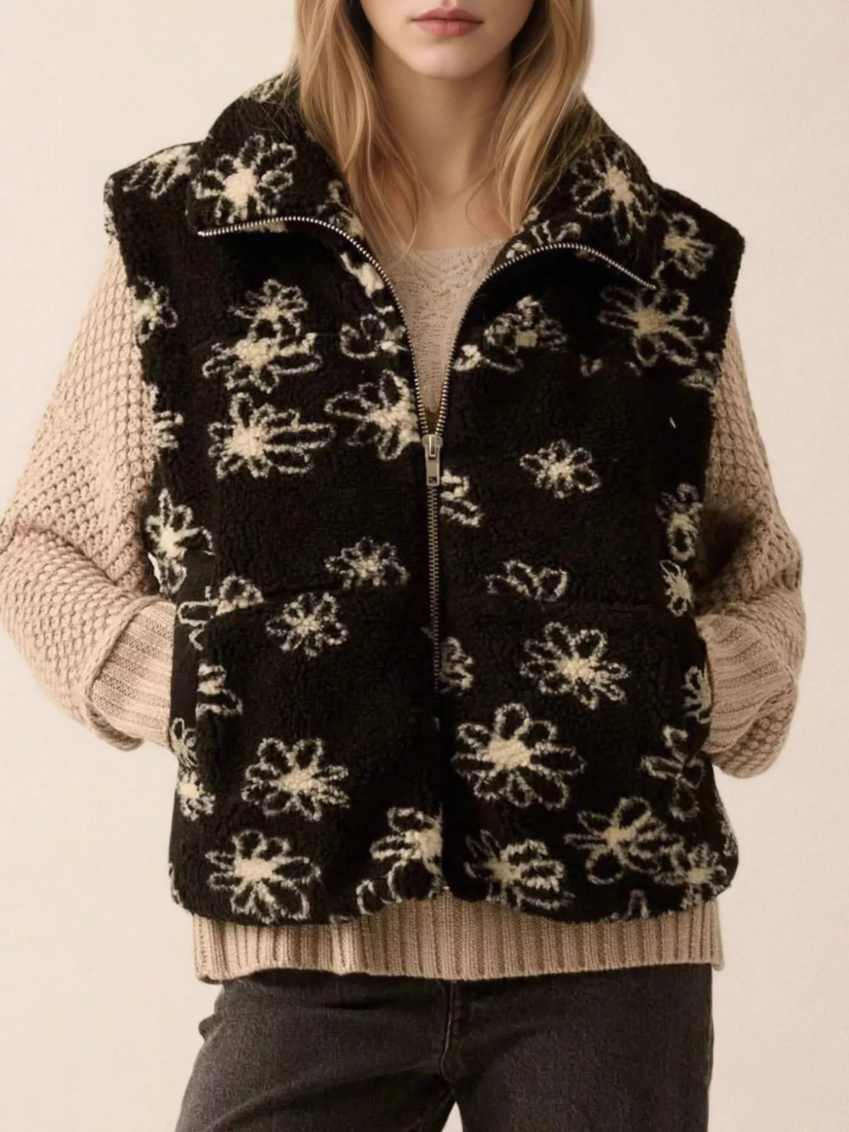 Zip Up Vest Coat with Pockets in Black