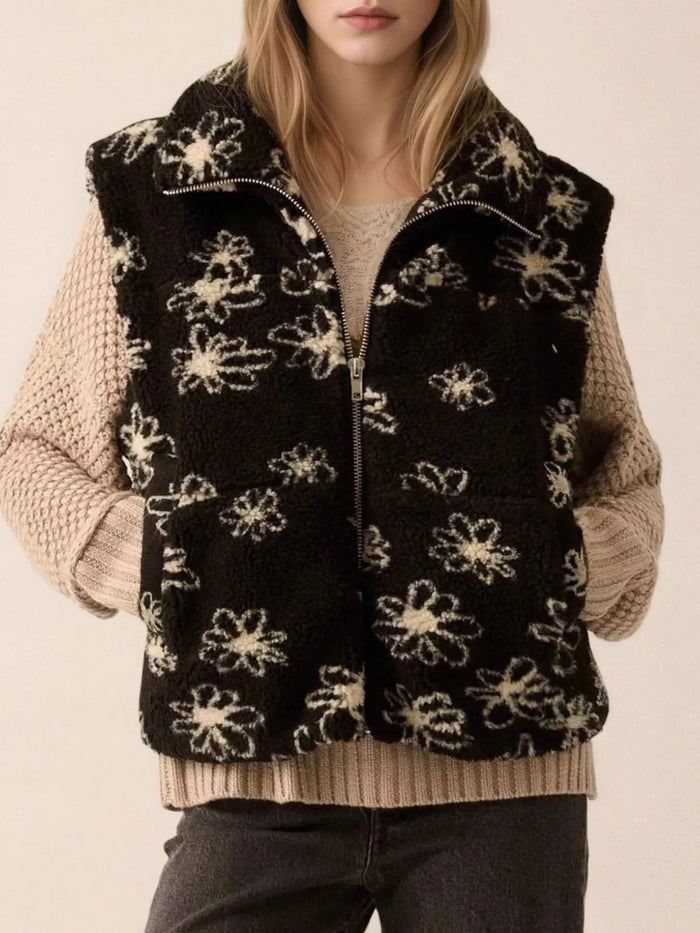 Zip Up Vest Coat with Pockets in Black
