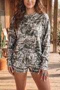 Camo Long Sleeve Top Elastic Waist Shorts Two Piece Set - Lilixa.store