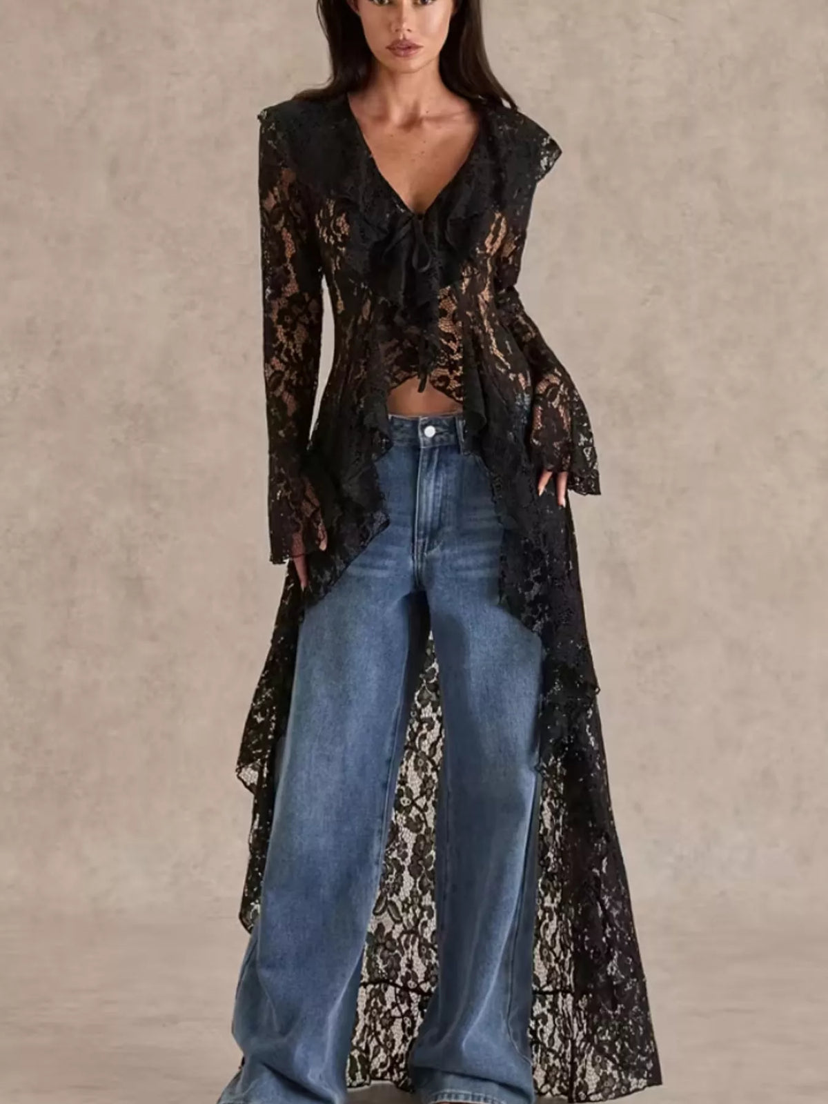 Lace Ruffle Trim High-Low Blouse