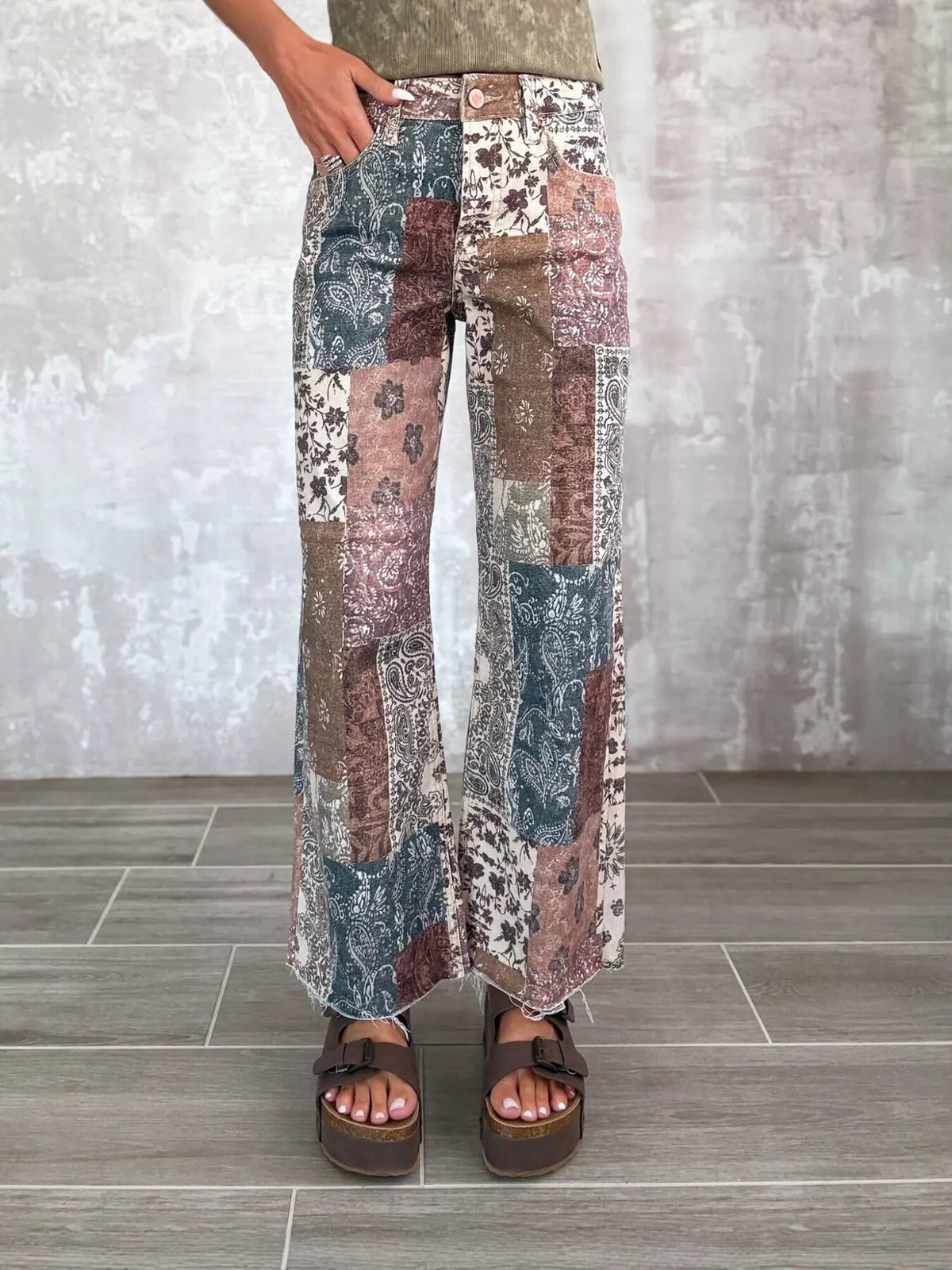 Boho-Chic Patchwork Print Flare Pants in Red