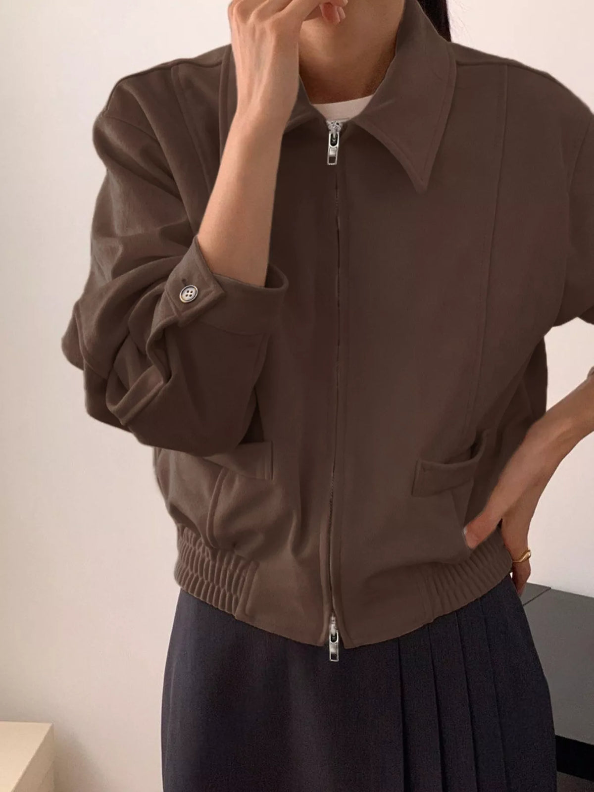 Zip Up Long Sleeve Jacket in Brown, view 5