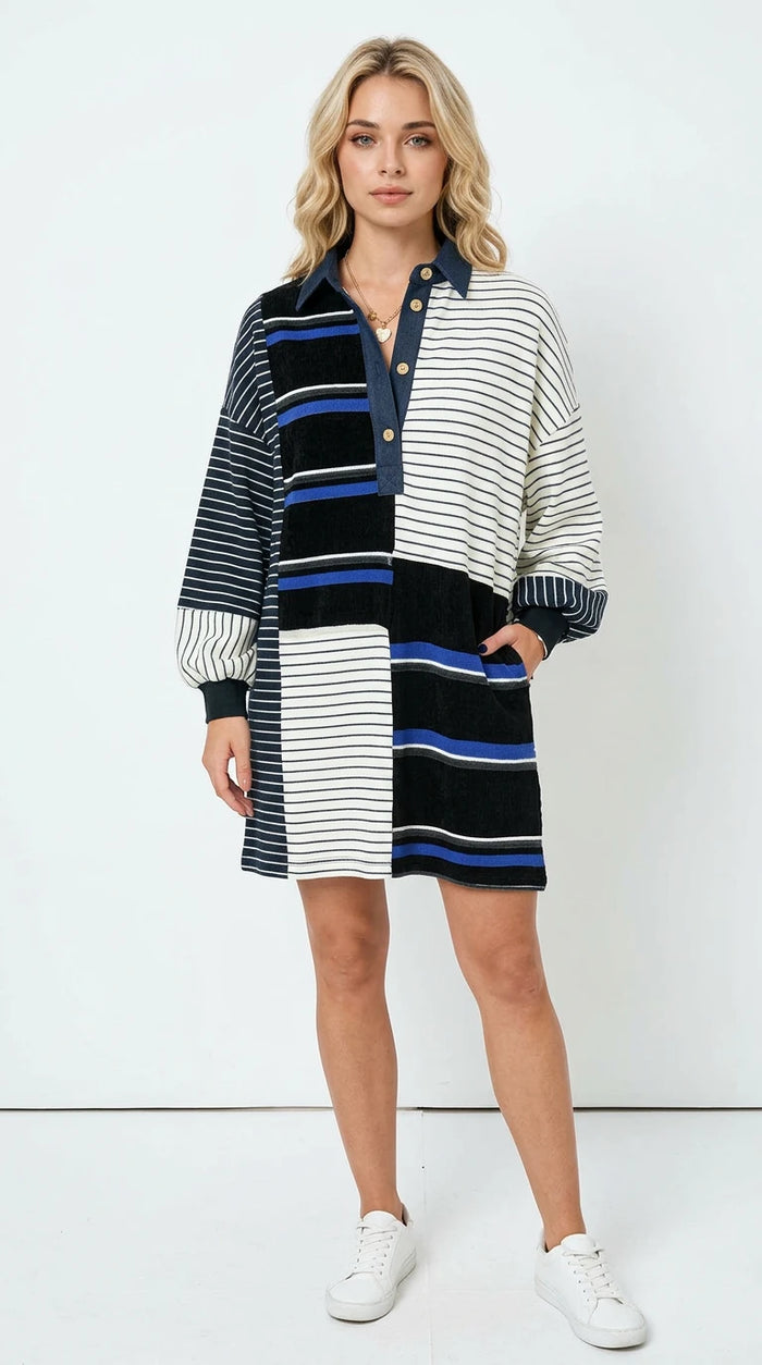 Oh Full Size Striped Half Button Long Sleeve Mini Dress in Black