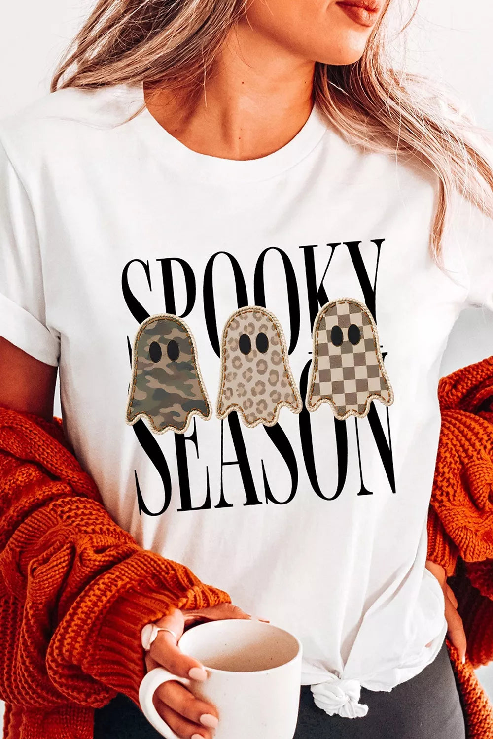 Full Size Spooky Season Ghosts Graphic Short Sleeve Halloween T Shirt Plus Size - Lilixa.store