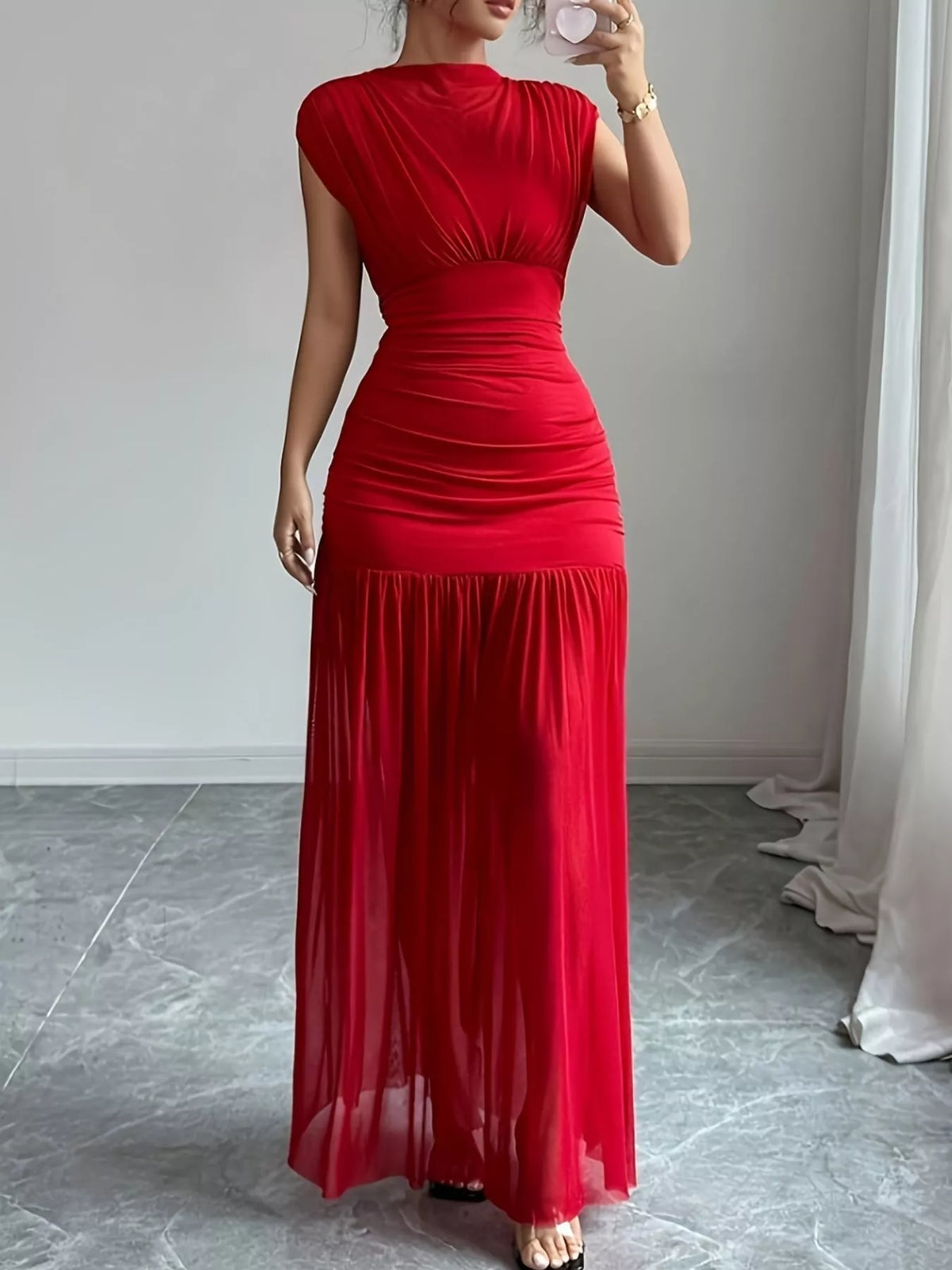 Ruched Cap Sleeve Maxi Dress - Lilixa.store