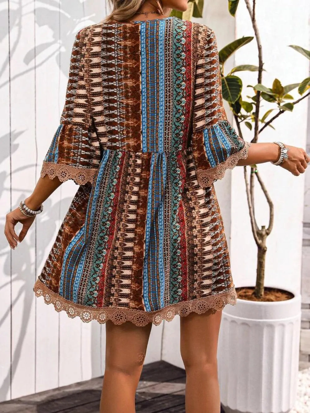 Lace Trim Printed V-Neck 3/4 Sleeve Dress - Lilixa.store