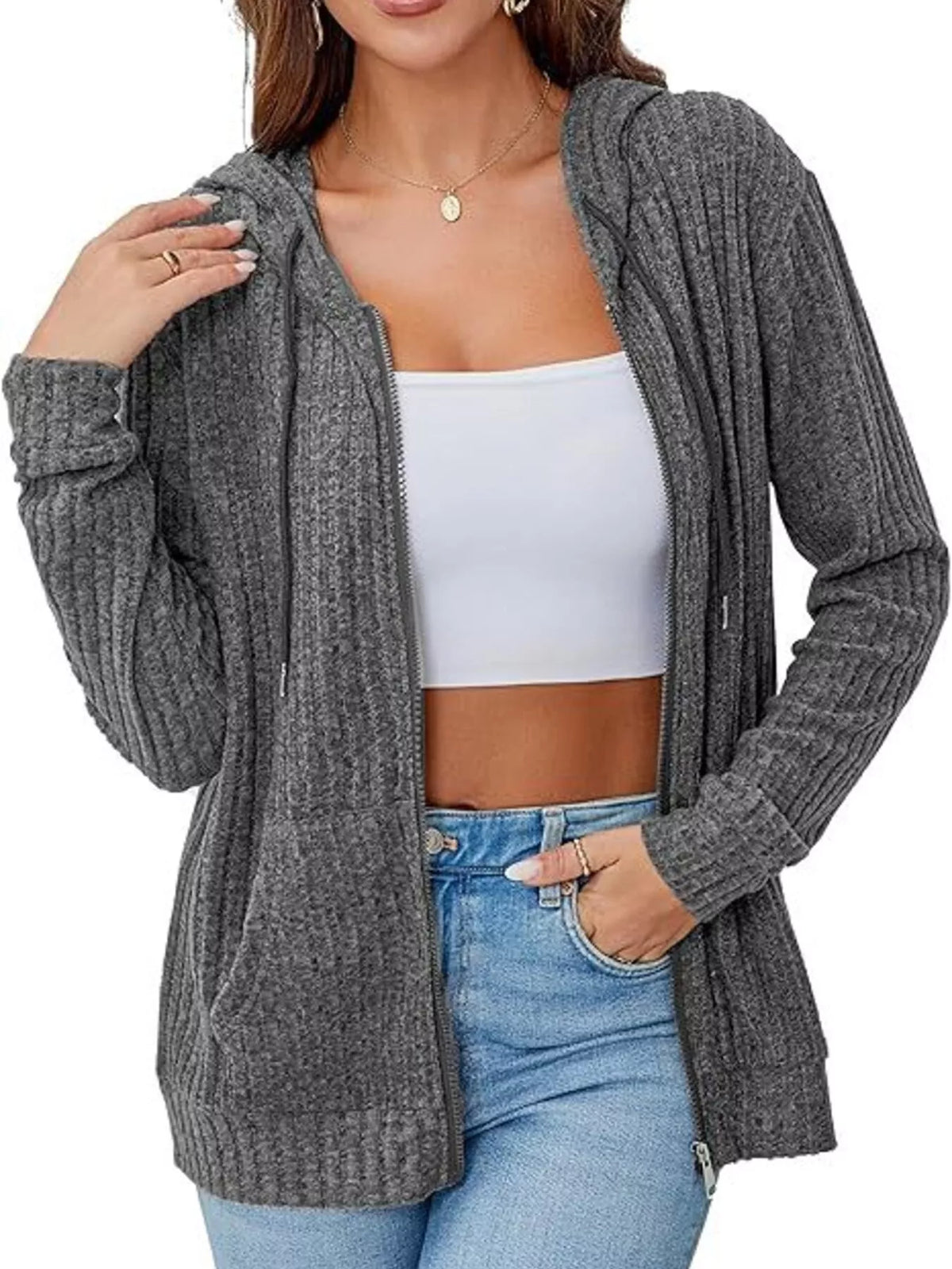 Ribbed Zip Up Hooded Outerwear - Lilixa.store