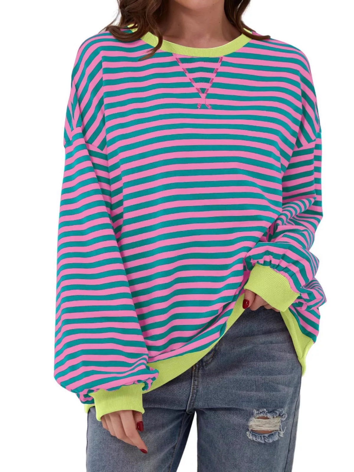 Striped Contrast Trim Oversized Sweatshirt - Lilixa.store
