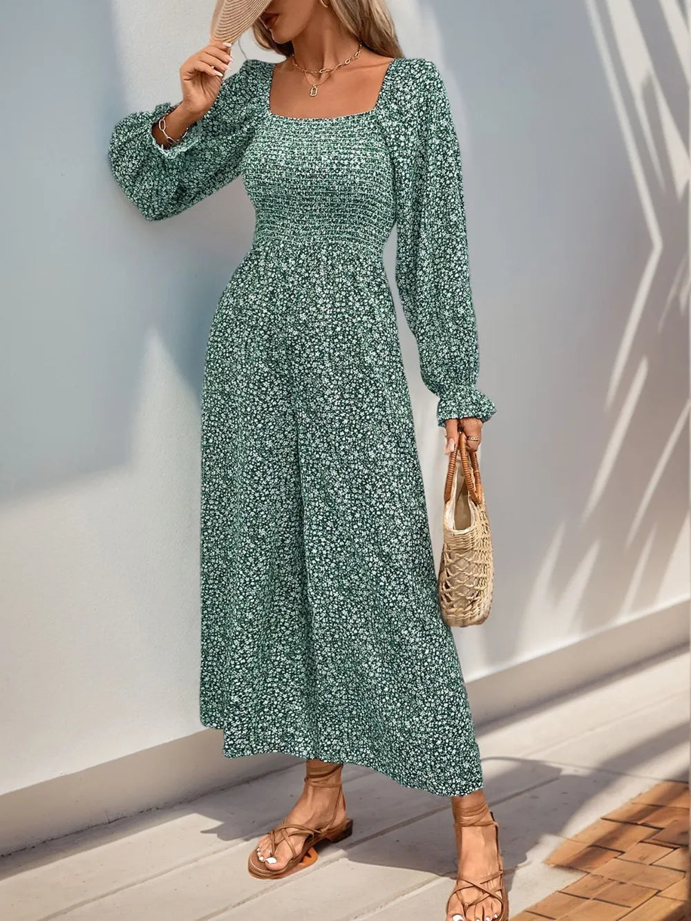 Perfee Smocked Printed Long Sleeve Wide Leg Jumpsuit - Lilixa.store
