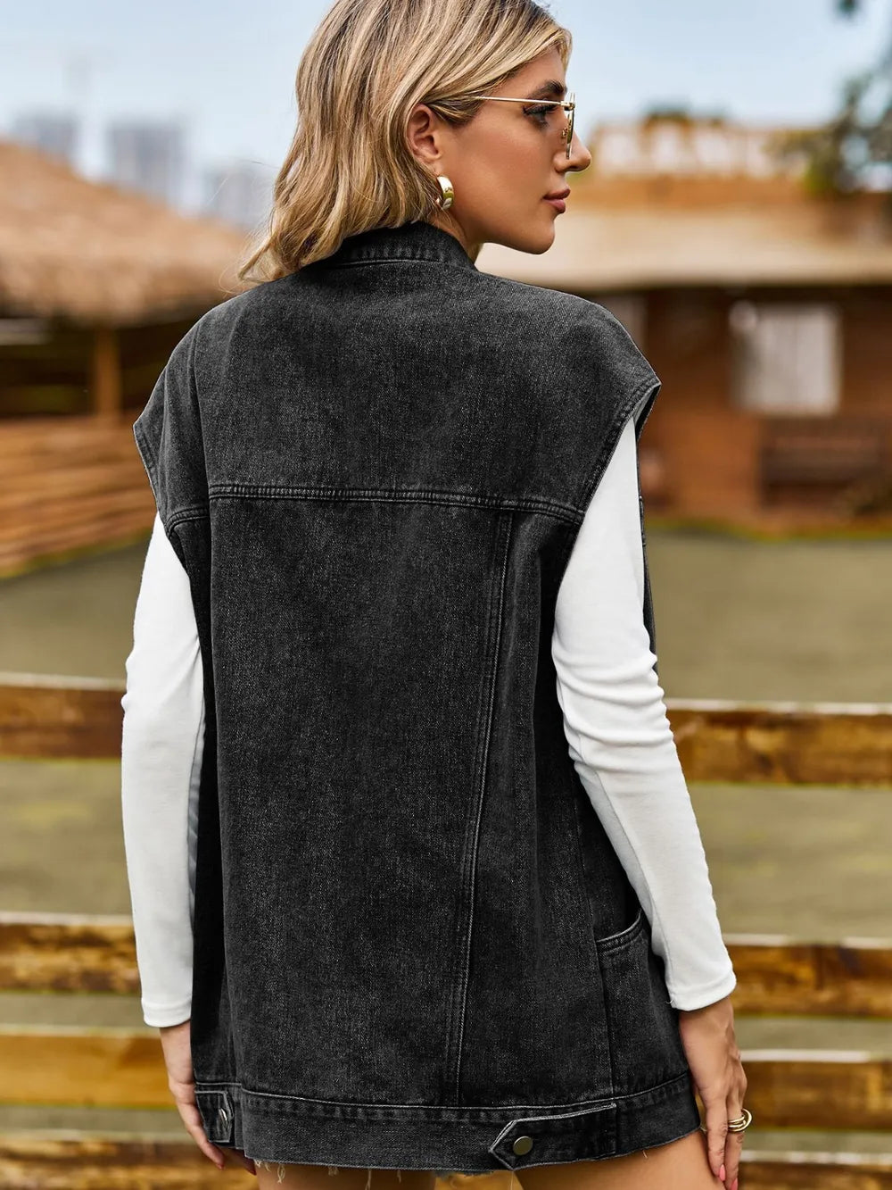 Button Up Collared Neck Sleeveless Denim Jacket - Lilixa.store