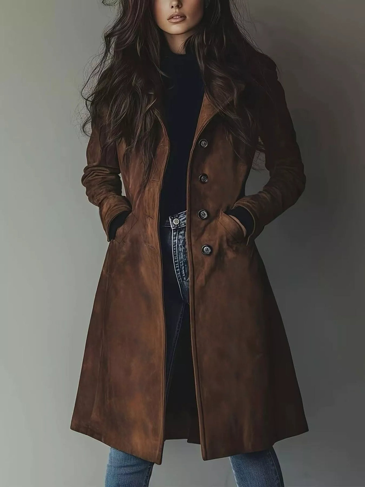 Button Up Long Sleeve Trench Coat in Brown