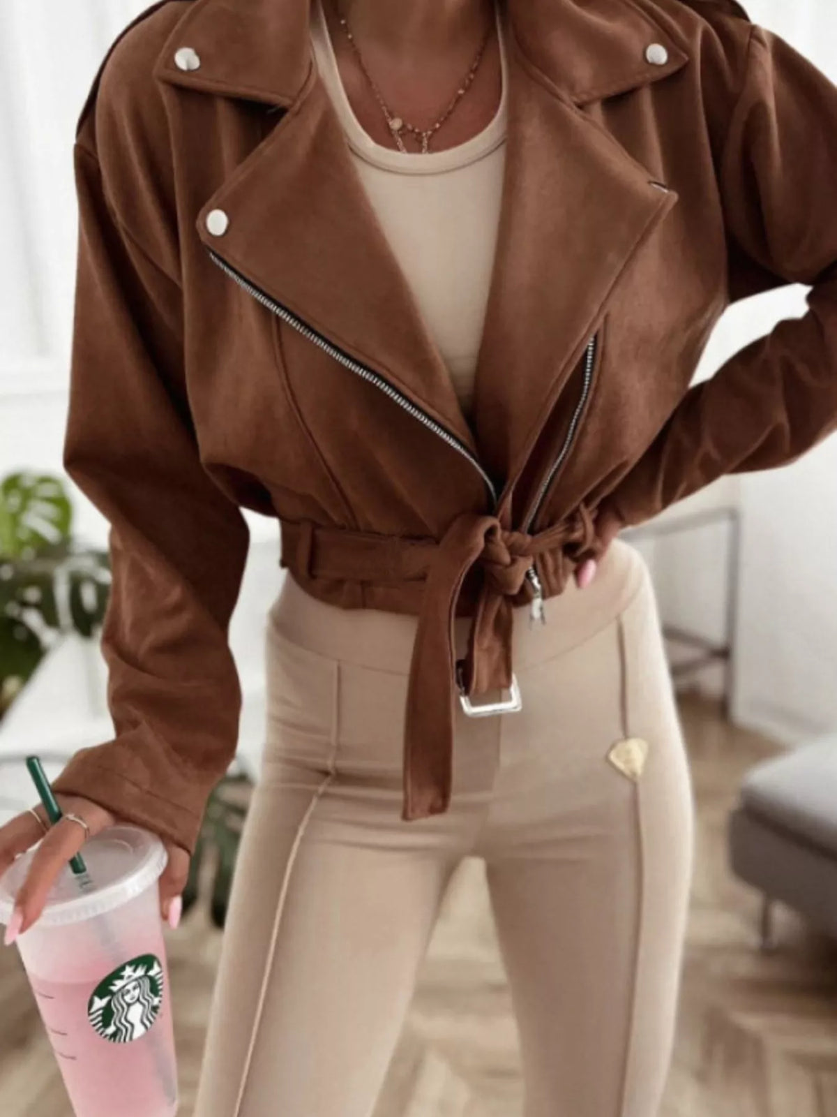 Cropped Biker Jacket with Belt Detail in Khaki