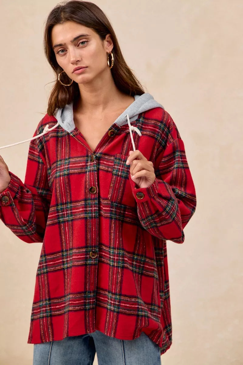 BiBi Brushed Plaid Hooded Jacket in Red Plaid, view 14