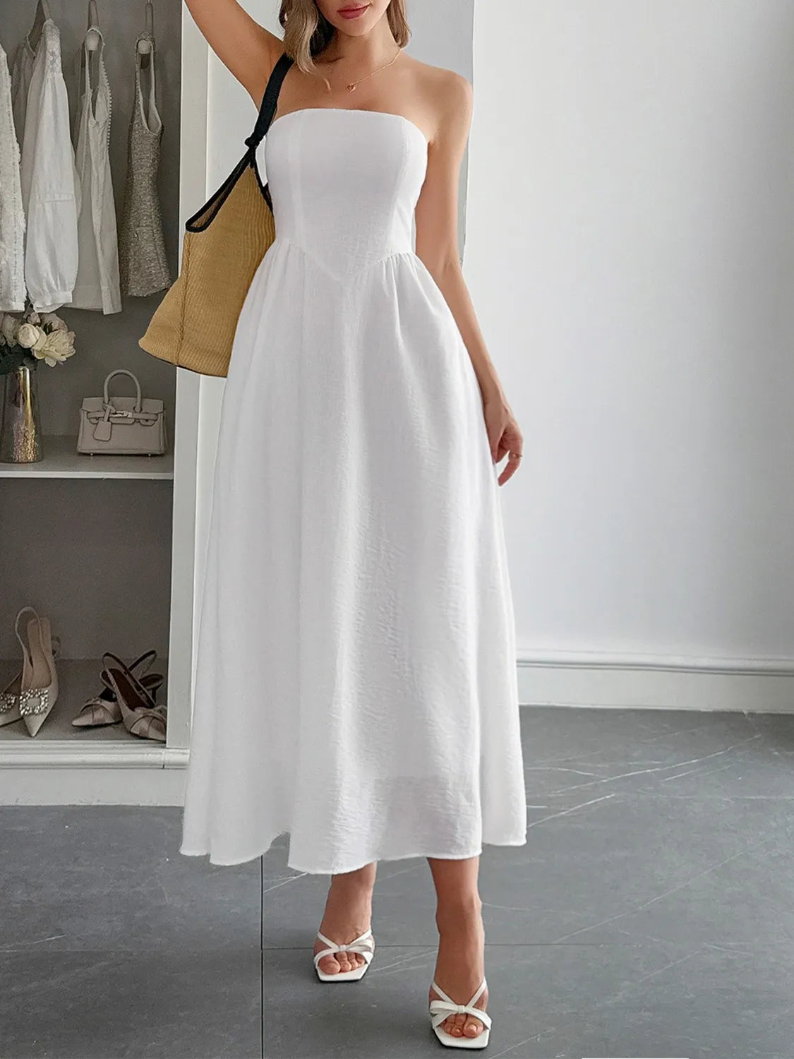 Strapless A-Line Midi Dress with Pockets - Lilixa.store
