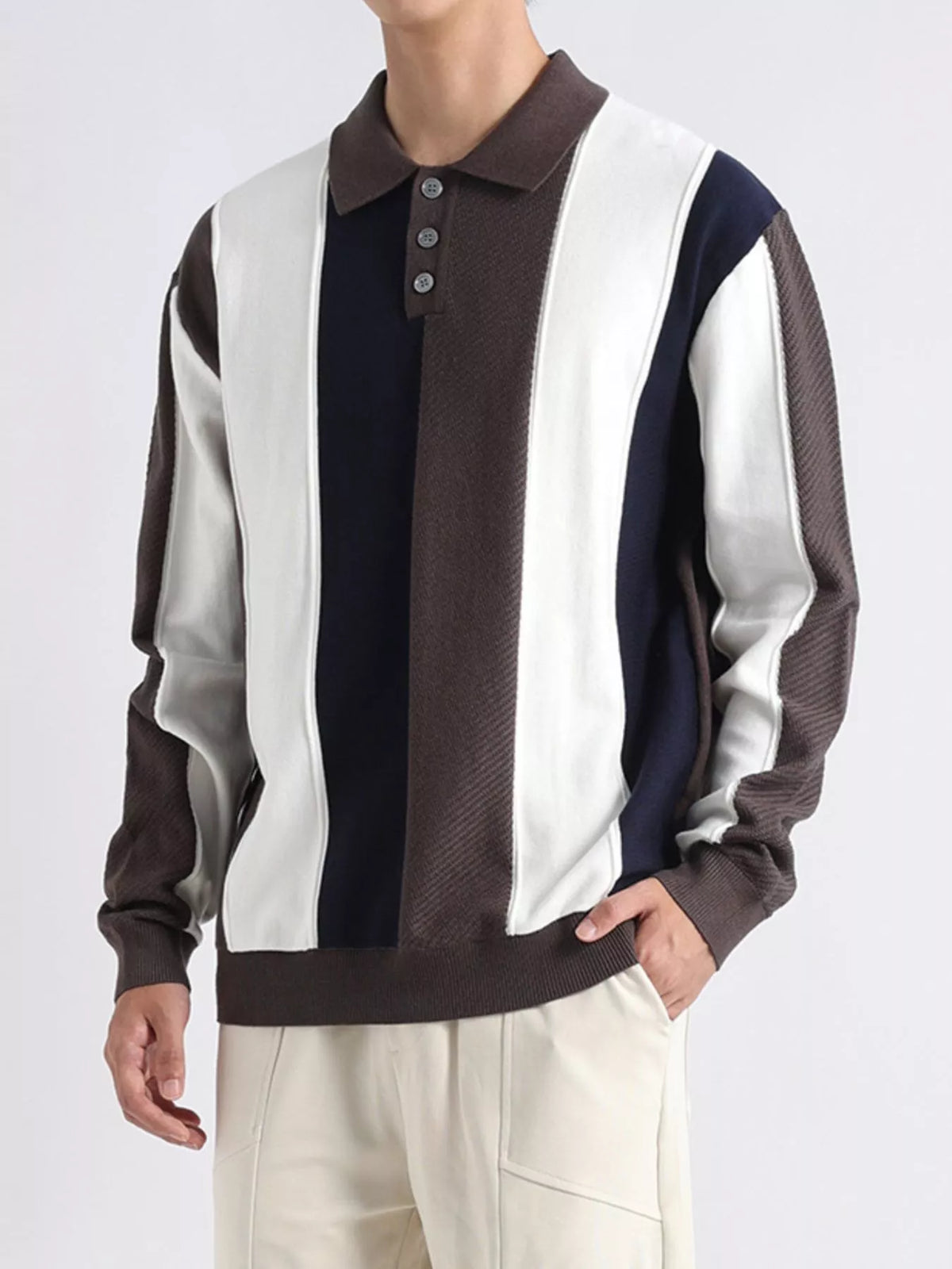 Men's Plus Size Color-Block Striped Polo Collar Knit Top - Lilixa.store