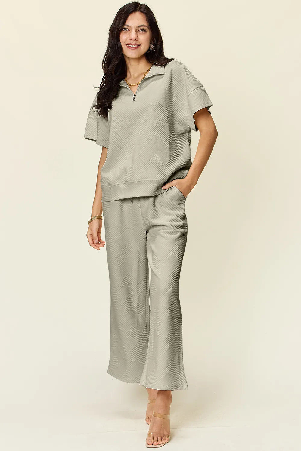 Double Take Full Size Texture Half Zip Short Sleeve Top and Pants Set in Dust Storm