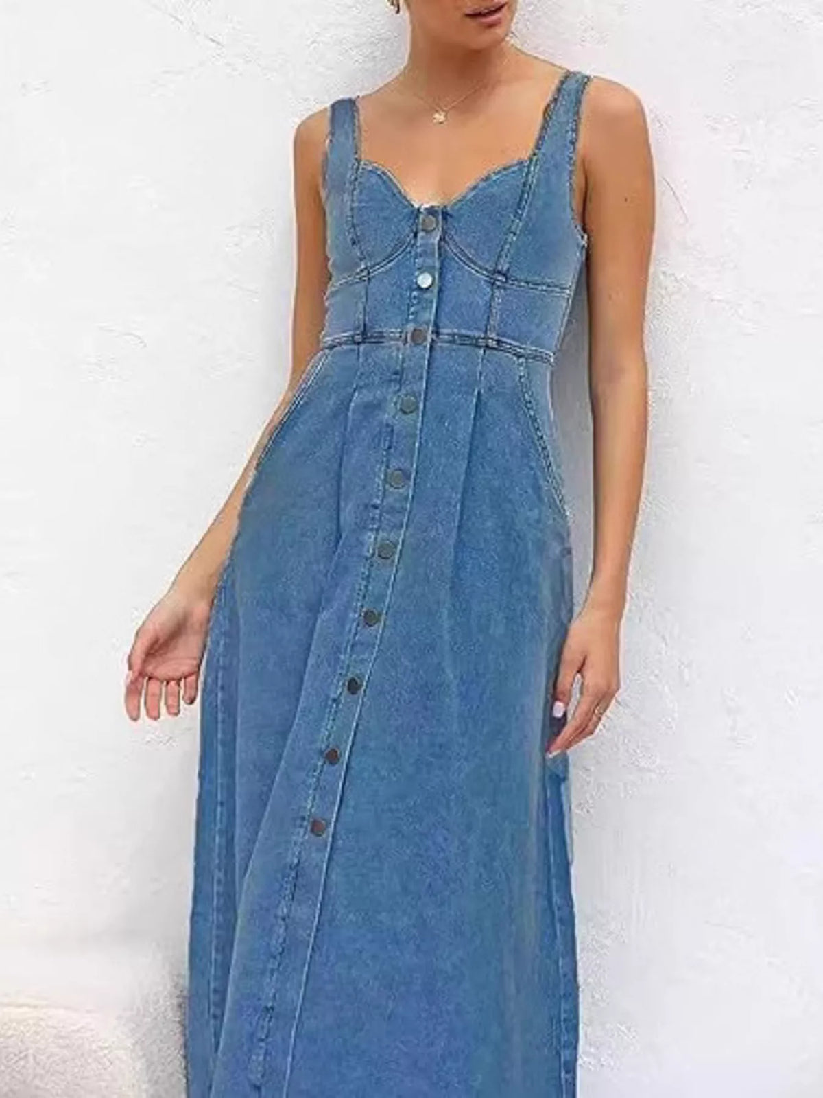 Smocked Back Button Front Denim Midi Dress