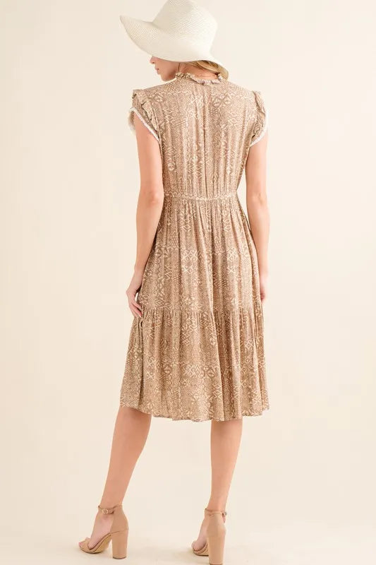 And The Why Boho Printed Tiered Maxi Dress in Taupe, view 7