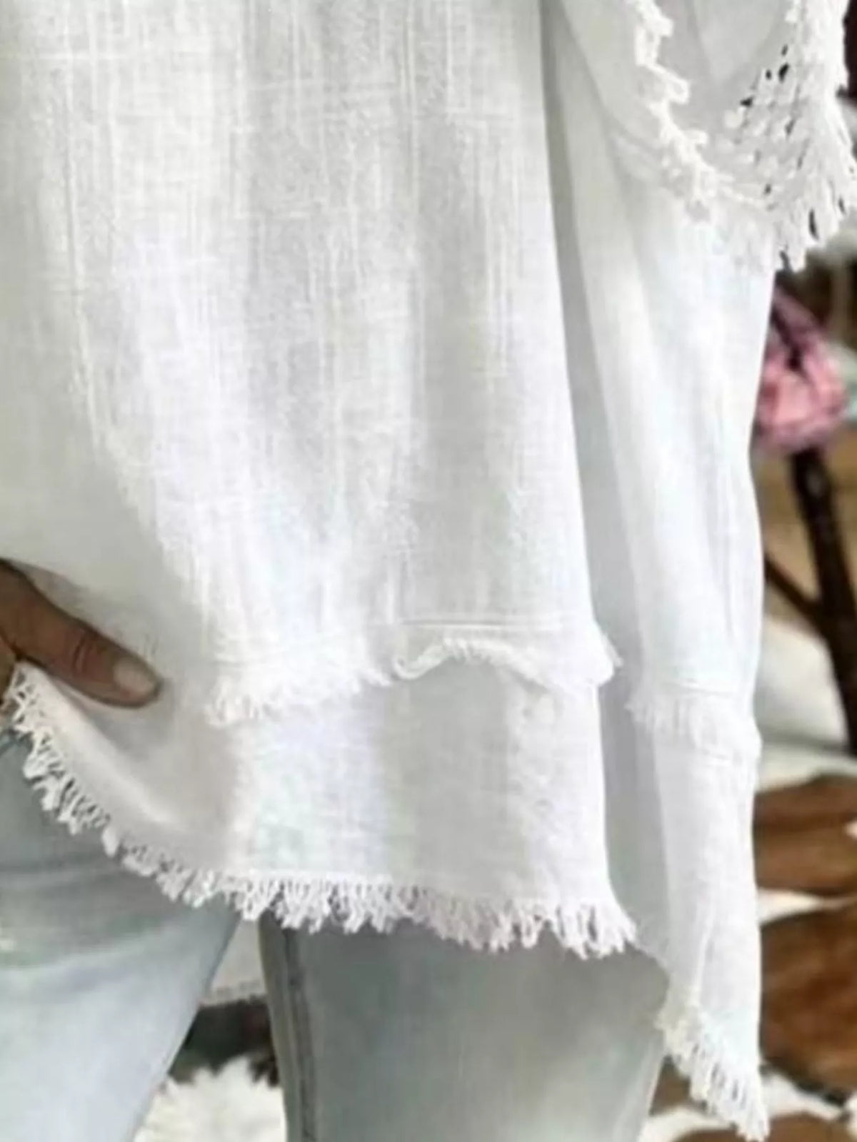 Full Size Fringe Trim V-Neck Loose Fit Blouse Plus Size