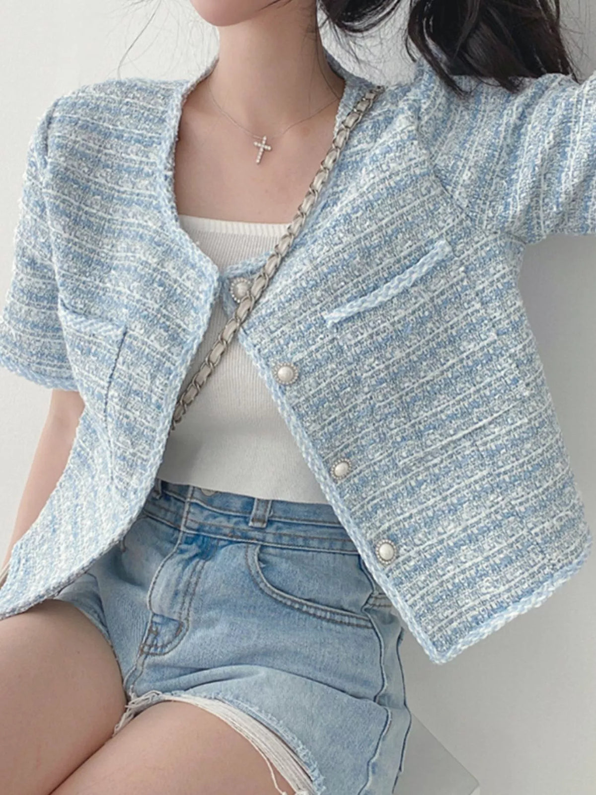 Pearl Button Short Sleeve Tweed Outerwear, view 2