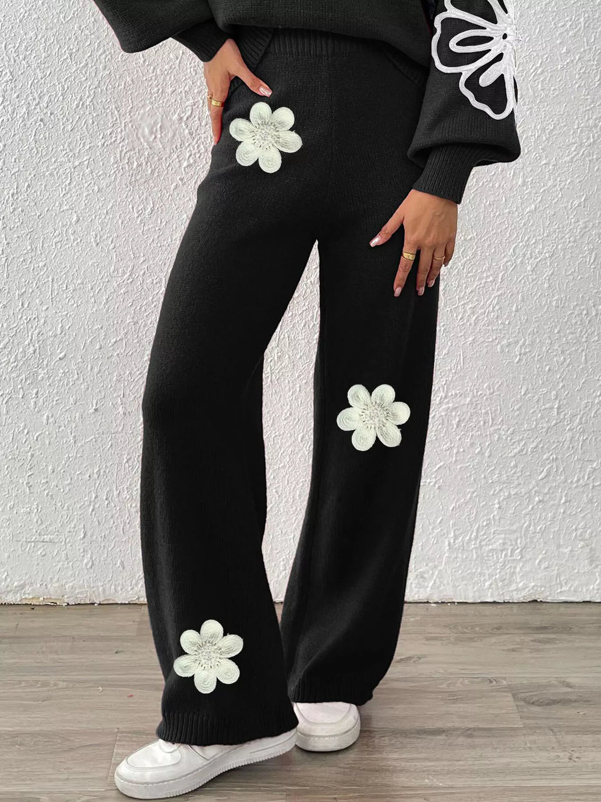 High-Waisted Wide-Leg Sweater Pants with Floral Beaded Decor