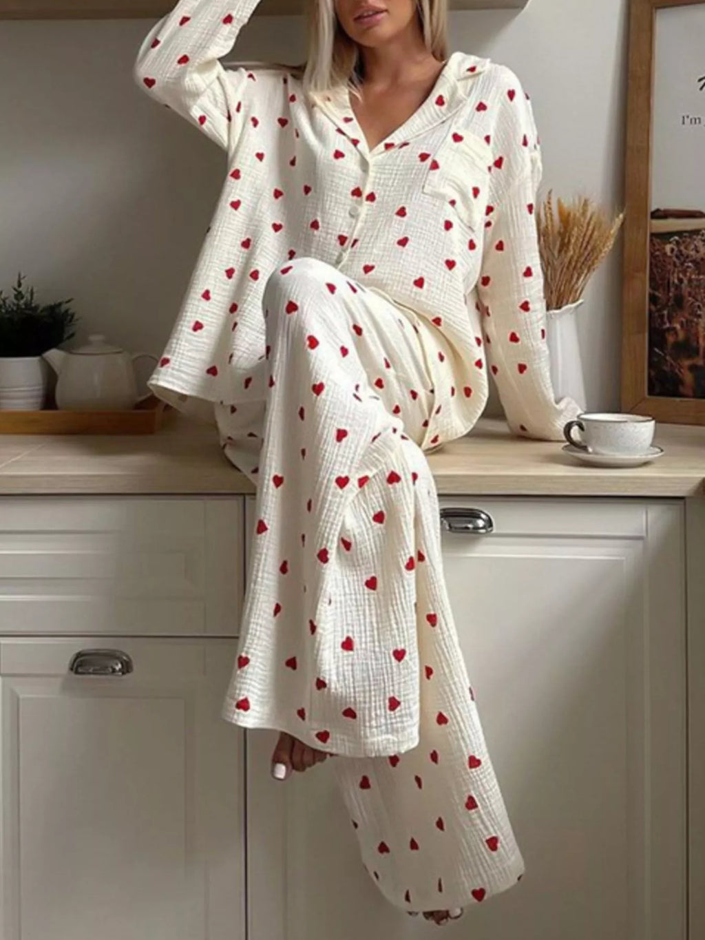 Heart Print Long Sleeve Top and Pants Lounge Set - Lilixa.store