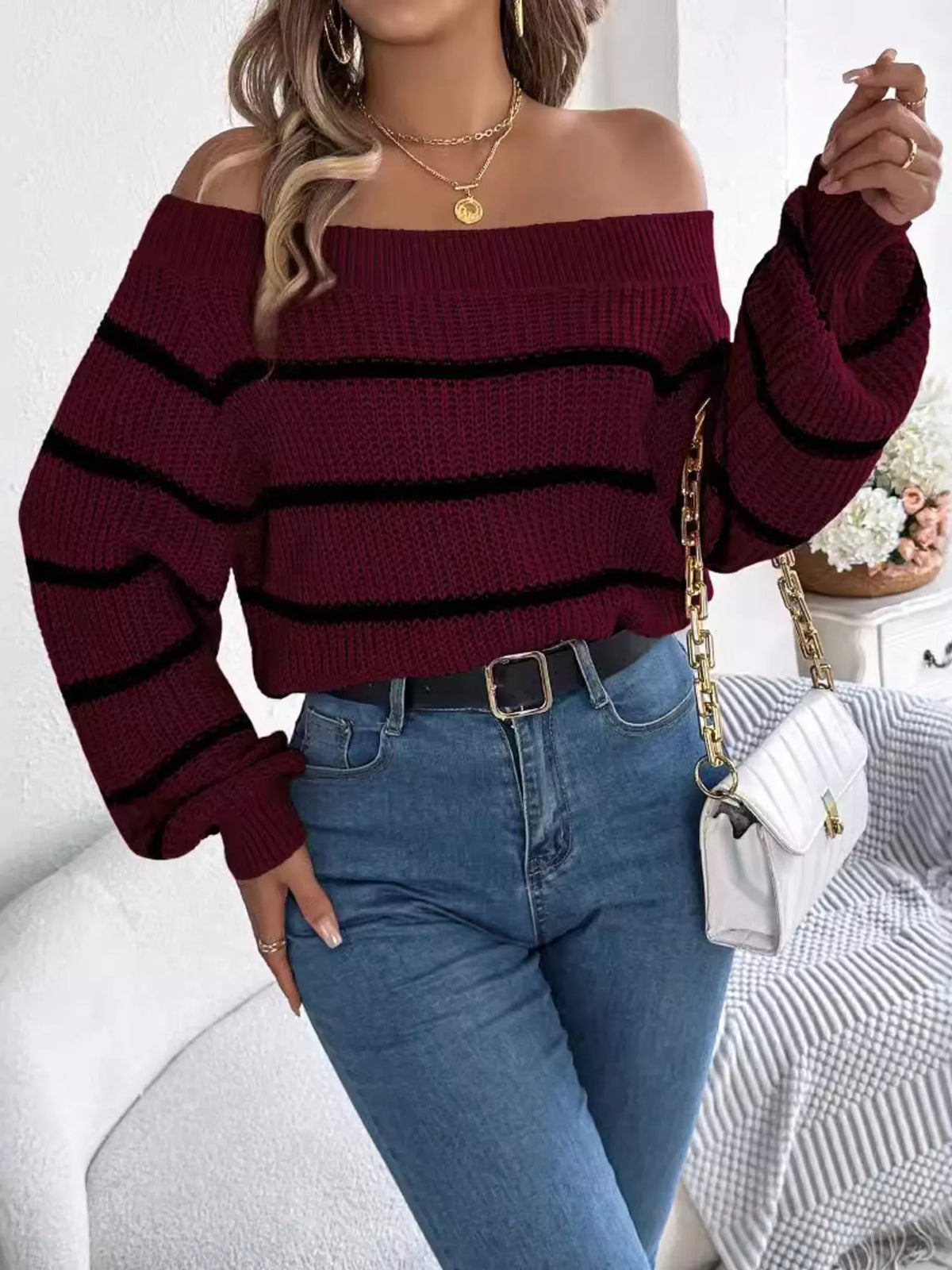 Off-Shoulder Striped Contrast Sweater, view 14