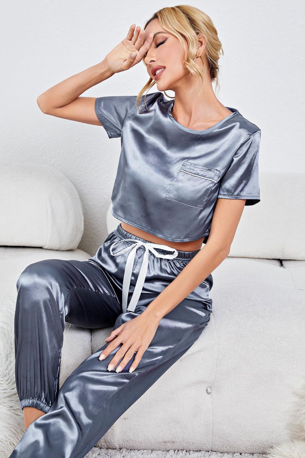 Satin Short Sleeve Crop Top and Joggers Lounge Set - Lilixa.store