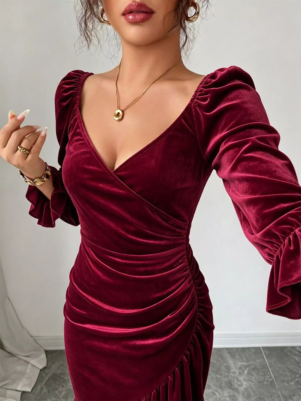 Velvet Ruched Ruffle Hem Midi Dress - Lilixa.store