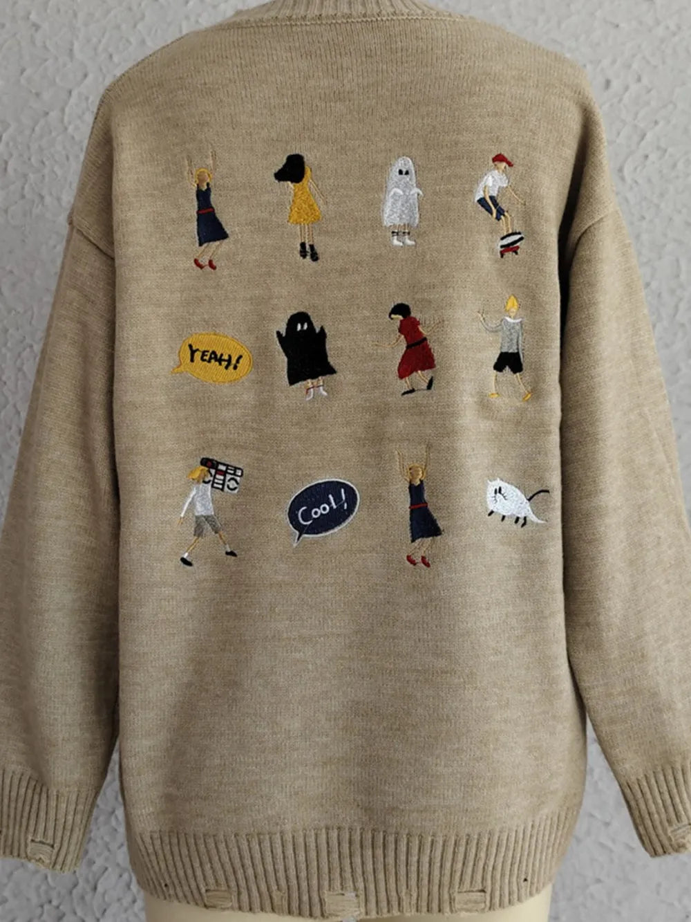 Embroidered Round Neck Dropped Shoulder Sweater - Lilixa.store