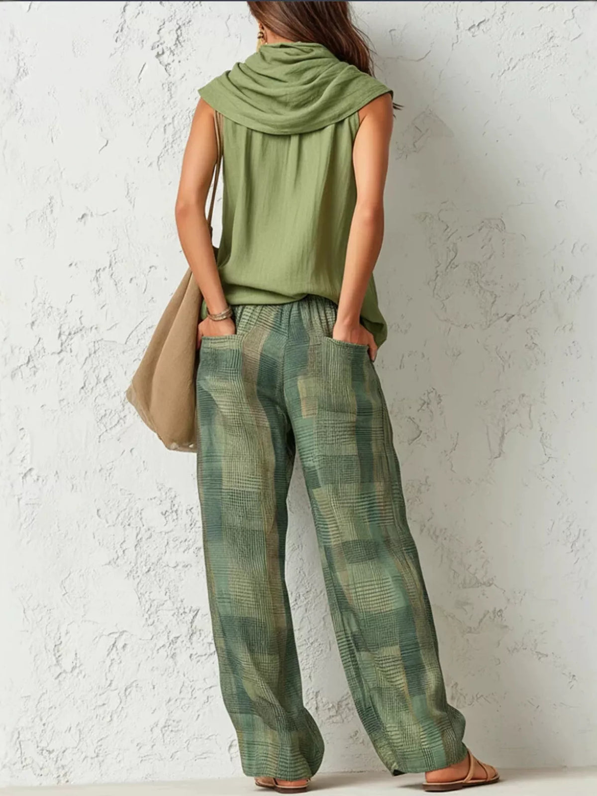 Sleeveless Cowl Neck Top and Plaid Wide-Leg Pant Set - Lilixa.store