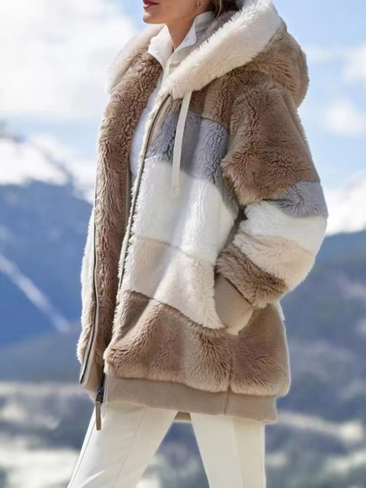 Full Size Fuzzy Zip Up Hooded Outerwear Plus Size in Khaki
