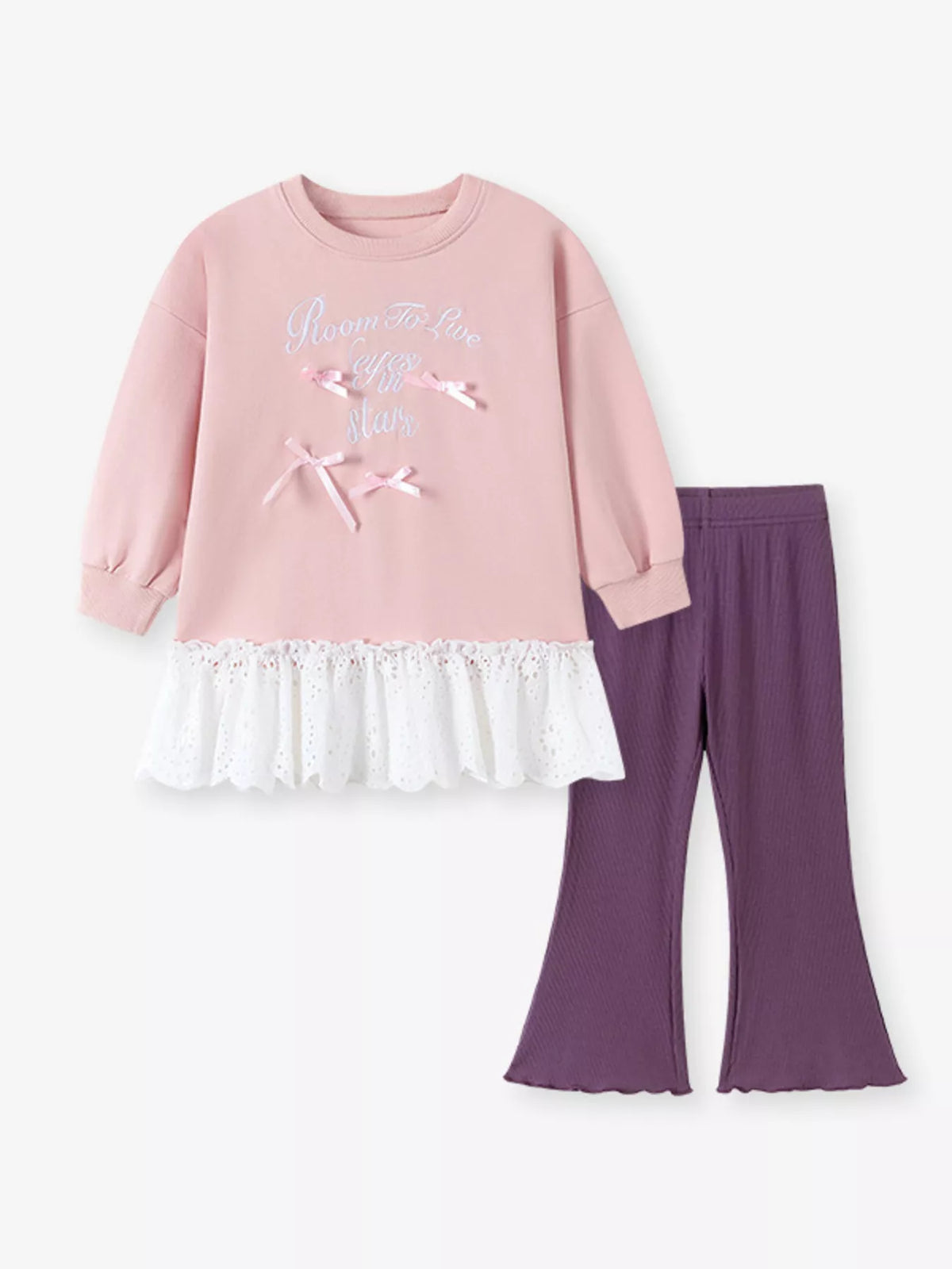 Children's Bow-Embellished Sweatshirt and Flare Pants Set in Dusty Pink, view 2