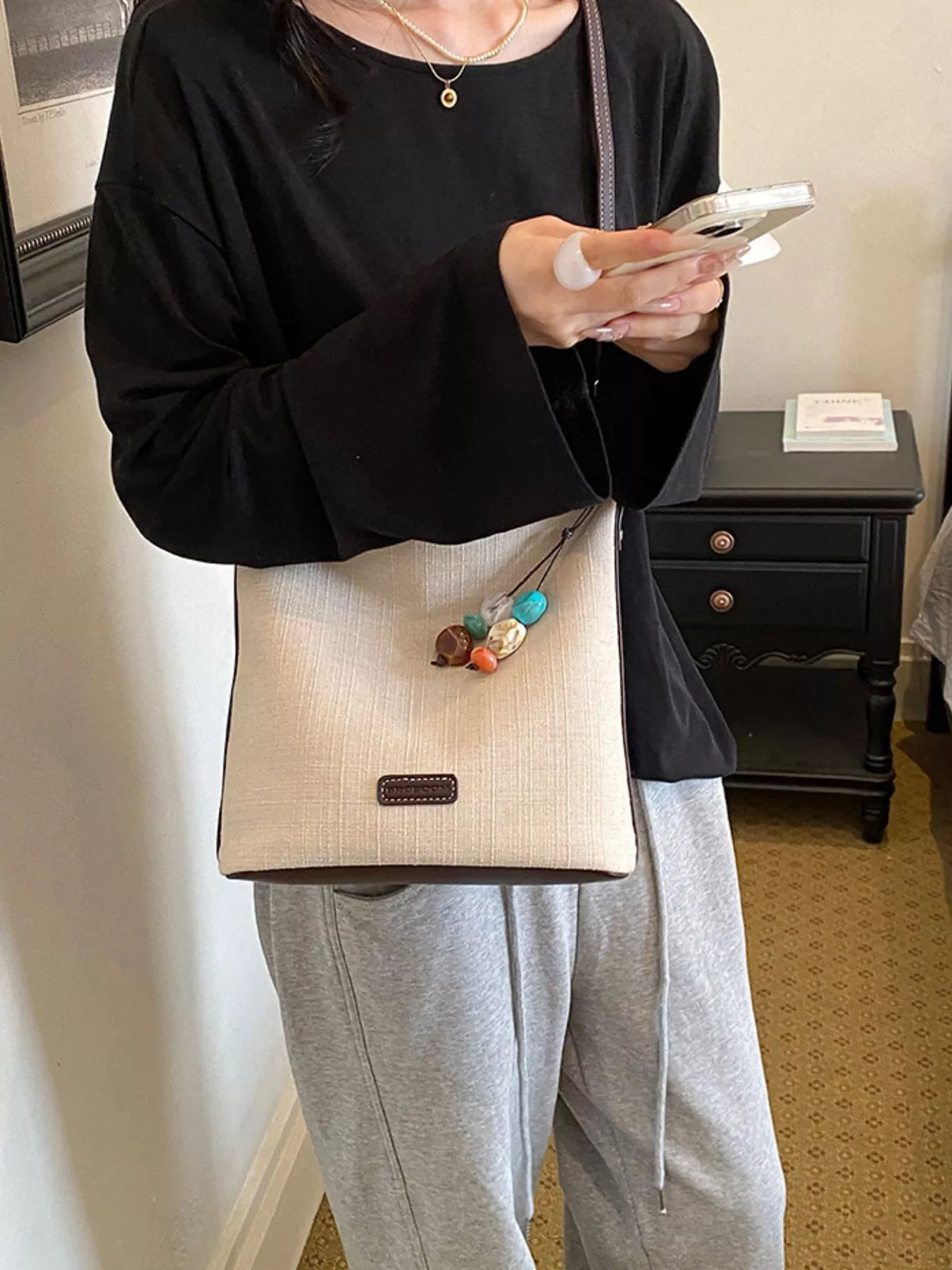 Casual Shoulder Bag with Decorative Charm - Lilixa.store