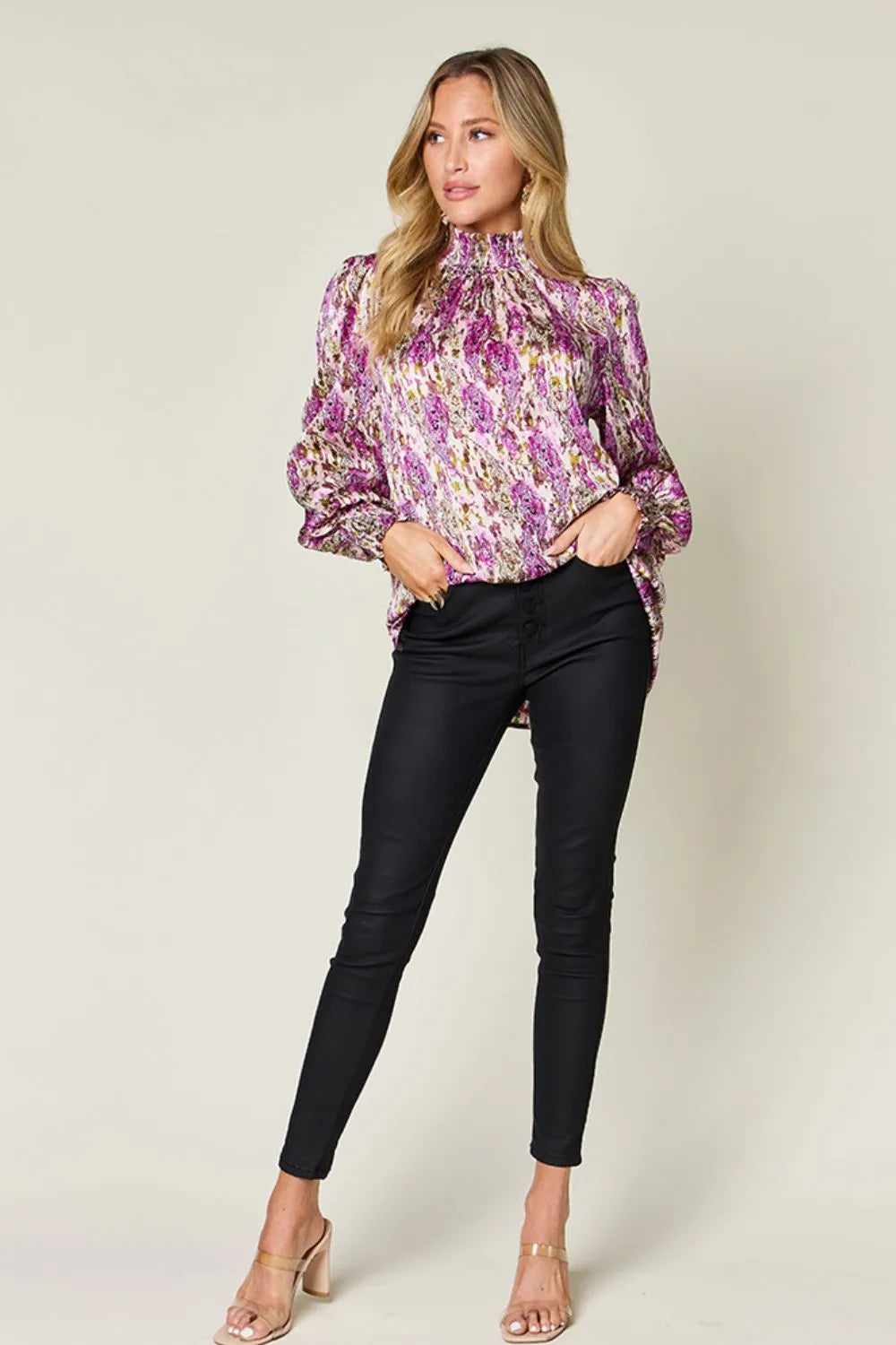 Double Take Full Size Printed Smocked Long Sleeve Blouse - Lilixa.store